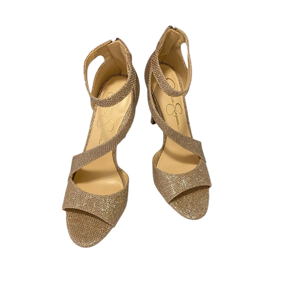 NWOT Jessica Simpson Jessimae stiletto heel strappy sandal in gold glitter.